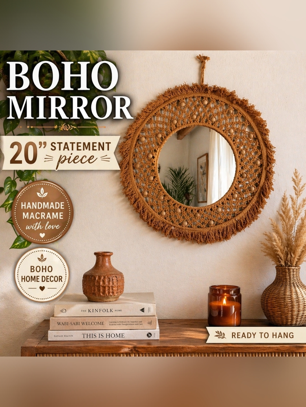Large Handmade Macrame Mirror, Boho Sunburst Tassel Decor, 20" Anthropologie